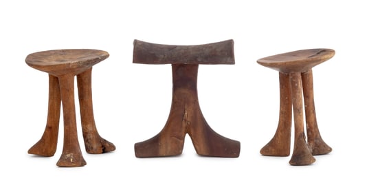 African Carved Wood Stools & Headrest, 3 Pcs.