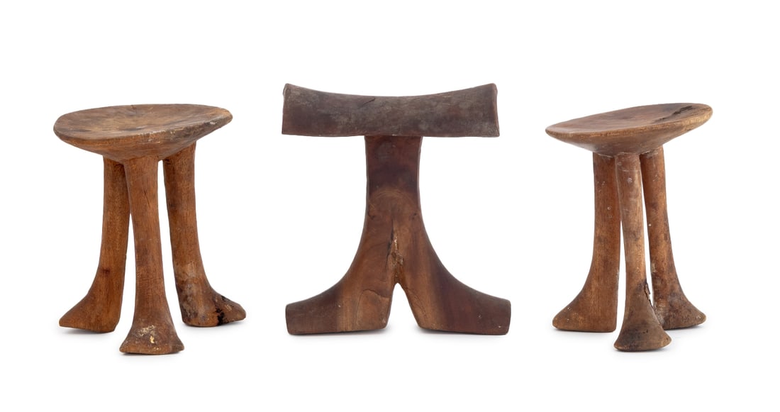 African Carved Wood Stools & Headrest, 3 Pcs. (1 of 10)