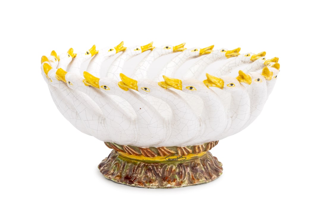 Ceccarelli Italian Art Pottery Goose Centerpiece: Ceccarelli Italian Art Pottery Goose Centerpiece, marked "Ceccarelli" to side of base. 6.5" H x 13.25" Diameter. Provenance: From the Upper West Side Estate of Fashion Designer Goro Ishikawa. Keywords