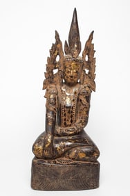 Burmese Mandalay Carved Wood Seated Buddha