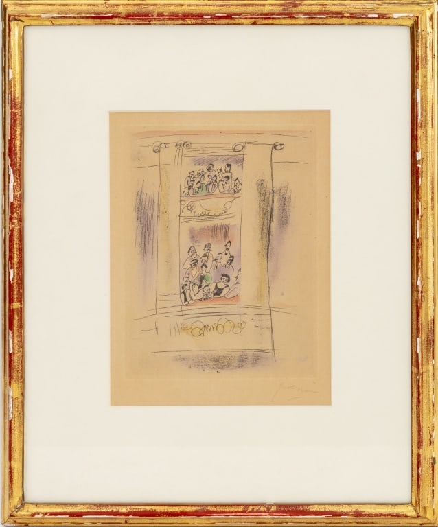 Jules Pascin "La Loge" Etching, 1925: Jules Pascin (Bulgarian/French, 1885-1930), "La Loge" [The Theater Box], Etching in Colors, 1925, signed in pencil lower right, Wolseley Fine Arts Gallery label to verso, giltwood frame. Image: 8.5" H