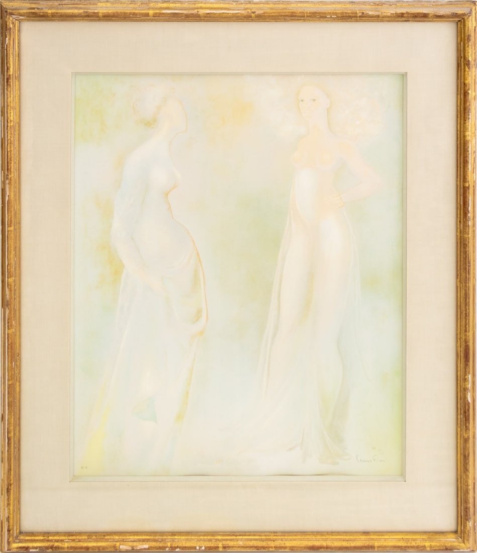 Leonor Fini Two Graces Lithograph in Colors: Leonor Fini (Argentina/Italian, 1907-1996), Two Graces, Lithograph in Colors, artist proof, signed in pencil lower right, inscribed "e.a." lower left, giltwood frame. Image: 24.25" H x 20" W; frame: 3