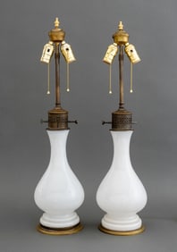 Electrified Opaline Glass Oil Lamps, Pair