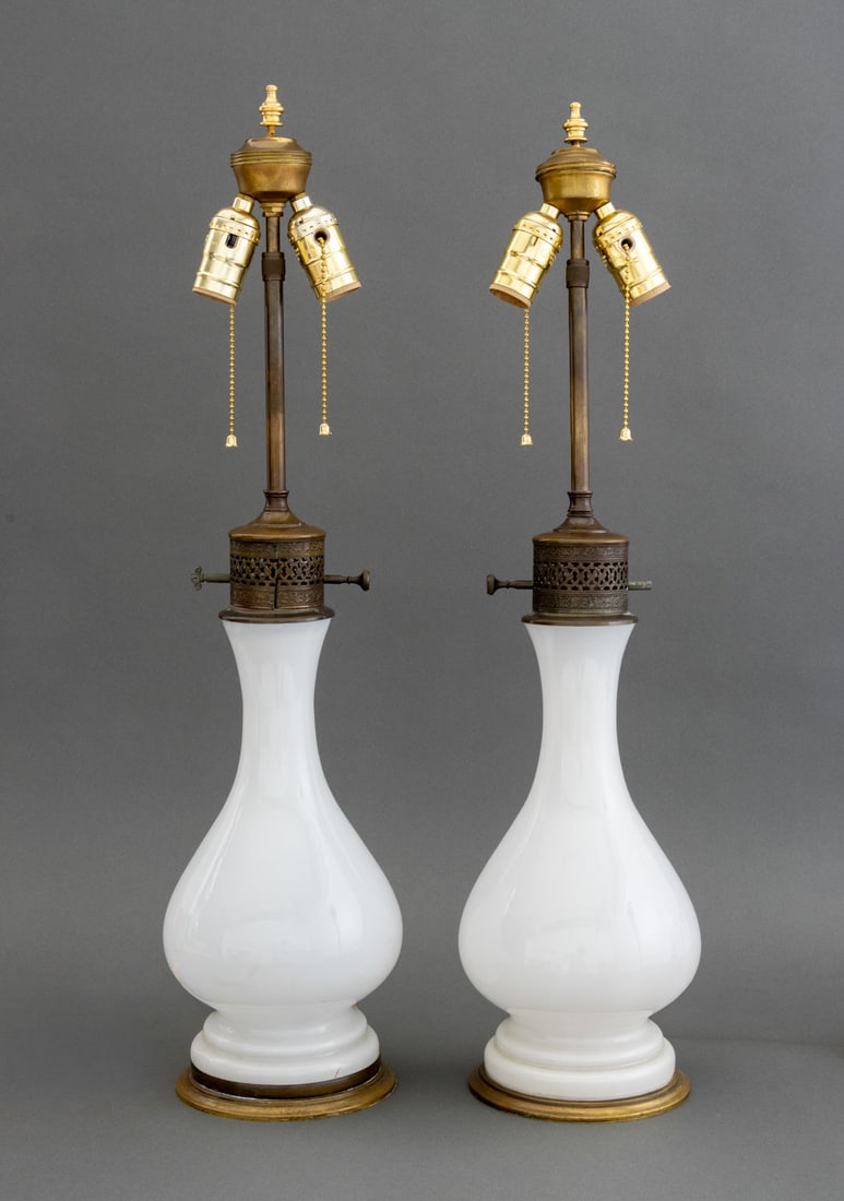 Electrified Opaline Glass Oil Lamps, Pair (1 of 4)