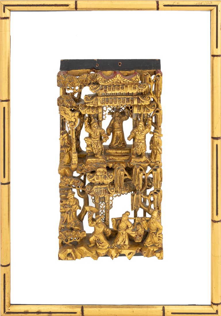 Chinese Carved Giltwood Relief Panel: Chinese Carved and Gilded Wood Relief Panel, mounted on glass in a faux bamboo giltwood frame. Relief: 13" H x 7" W x 2" D; frame: 21.5 H x 15.25" W. Provenance: From an Upper East Side Estate. Keywor