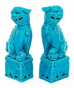 Chinese Peacock Blue Porcelain Foo Lions, Pair