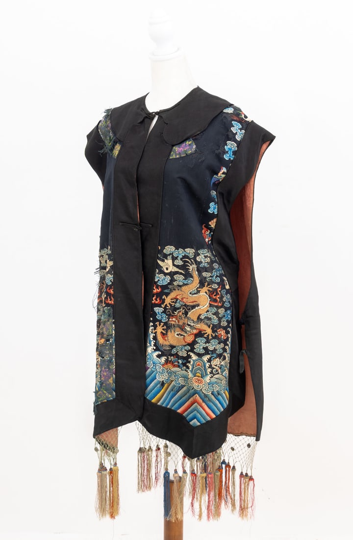 Chinese Imperial Dragon Embroidered Silk Vest: Chinese Imperial Dragon Motif Embroidered Silk Vest, with gold thread details and five-clawed dragon to reverse. 42" L x 25.5" W. Provenance: From an Upper West Side, New York City Collection. Keyword