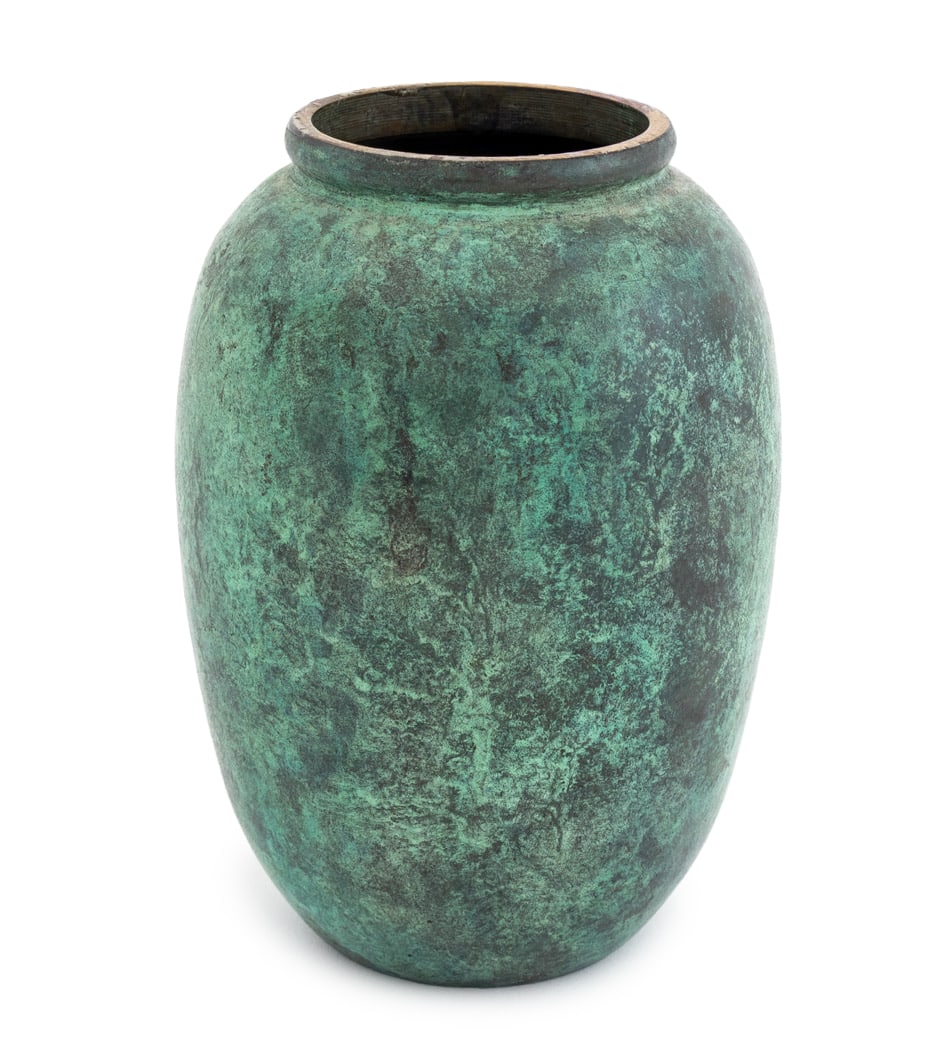 Japanese Verdigris Patinated Bronze Vase: Japanese Verdigris Patinated Bronze Vase, with gilt rim, apparently unmarked.6" H x 4" Diameter. Provenance: From a Chelsea, New York City Estate. Keywords: Asian Art, Vessel, Ikebana, Modern, Minimal