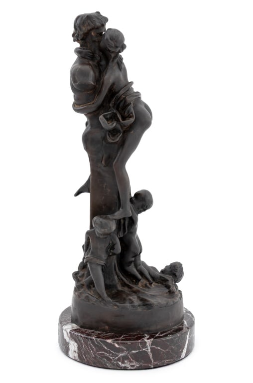After Claude Clodion Figural Bronze Sculpture: After Claude Michel Clodion (French, 1738-1814) Erotic Figural Patinated Bronze Sculpture, late 19th century, signed "Cloidon" to the reverse, mounted on red zebra marble base. 13.5" H x 5.75" Diamete