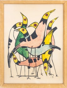 Contemporary School Stylized Birds Woodblock Print