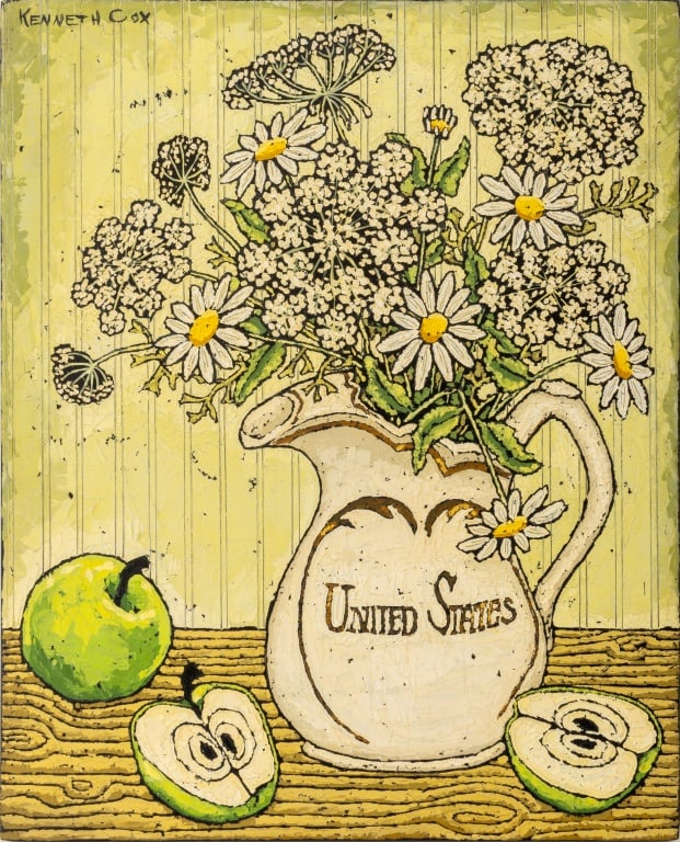 Kenneth Cox Floral Still Life Oil on Panel: Kenneth Cox (American, XX), Still Life Scene of Daisies in a United States Jug with Green Apples, signed upper left, unframed. 14.75" H x 12" W. Provenance: The Upper East Side Estate of Anne Kaufman 