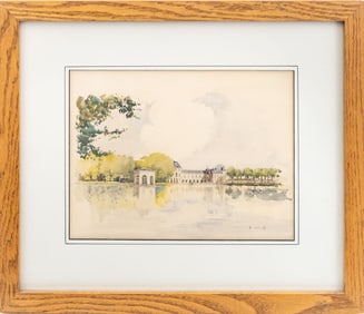 Illegibly Signed Castle Landscape Watercolor