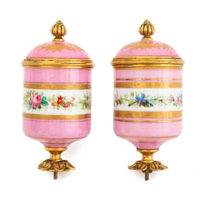 Limoges Painted Porcelain Inkwells as Finials, 2