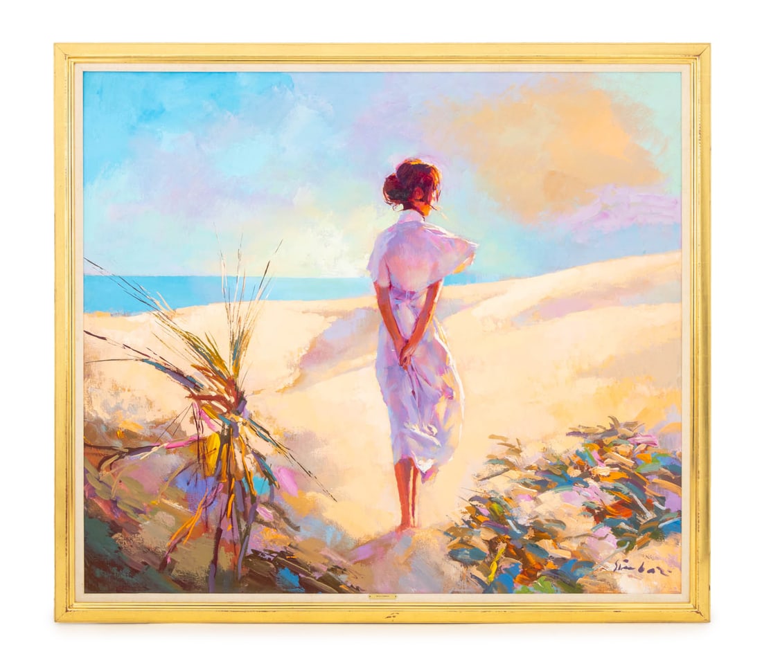 Nicola Simbari Woman on the Beach Oil on Canvas: Nicola Simbari (Italian, 1927-2012), Woman on the Beach, Oil on Canvas, signed lower right, brass name plaque lower center of the giltwood frame. Image: 54.5" H x 62.25" W; frame: 61" H x 67.25" W x 1