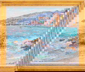 Pierre Bittar Seascape (France) Oil on Canvas: Pierre Bittar (French, b. 1934), Seascape (France), Oil on Canvas, signed "Bittar" lower right, Wally Findlay Galleries label verso, giltwood frame. Image: 31.25" H x 38.5" W; frame: 40" H x 47" W x 2