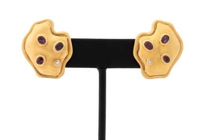 14K Yellow Gold Ruby Diamond Earrings