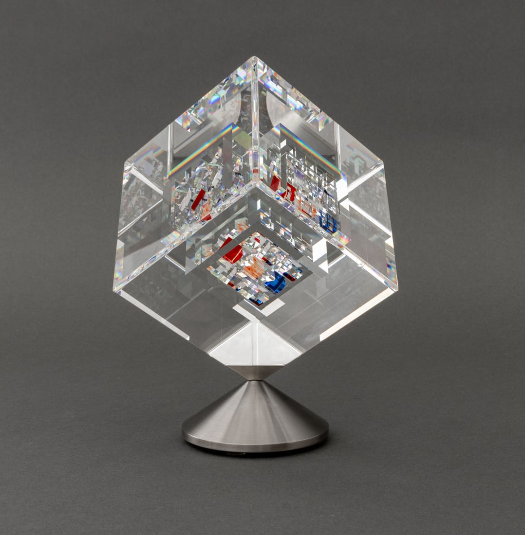 Jon Kuhn "Sunset Glow" Art Glass Cube Sculpture (1 of 8)