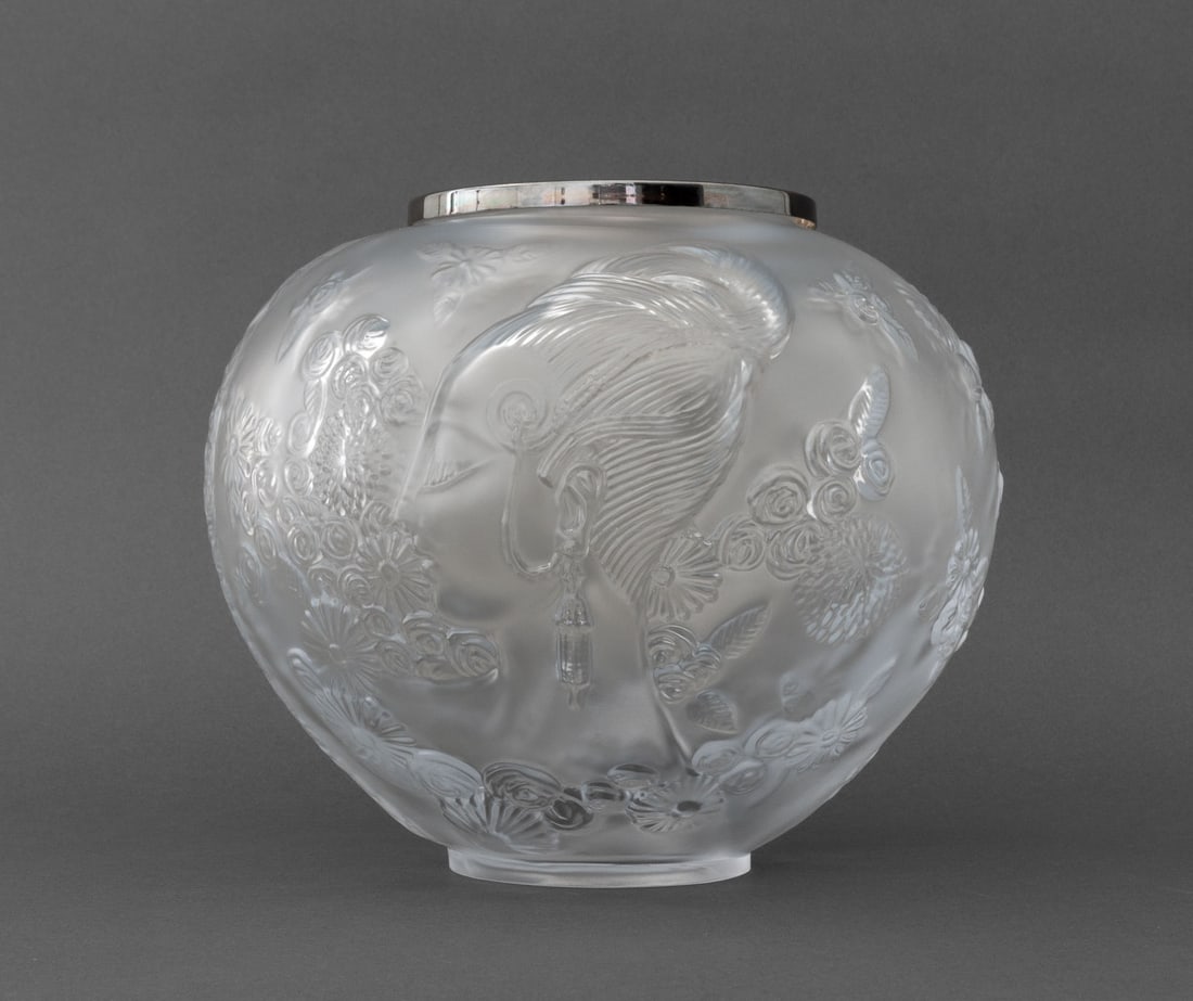 Erte "Flower Among the Flowers" Crystal Bowl: Erte (Romain de Tirtoff, Russian/French, 1892-1990) "Flower Among the Flowers" Frosted Crystal Covered Bowl, 1984, with silver plate lid signed "Erte" and signed, dated, marked "Conker", and numbered