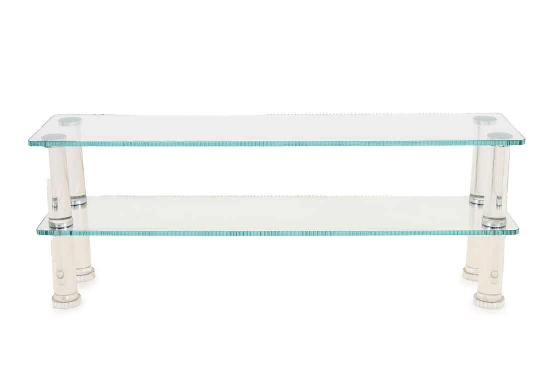 Modern Lucite and Glass Two-Tier Etagere: Modern Lucite and Glass Two-Tier Etagere, with two fluted glass shelves. 25.75" H x 67.75" W x 15.75" D. Provenance: From a Long Island Estate. Keywords: Modern Furniture, Display stand, Shelving, Dis