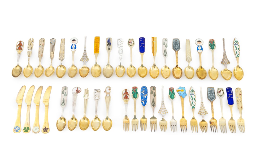 Anton Michelsen Sterling & Enamel Flatware, 42: Anton Michelsen Sterling and Enamel Flatware Pieces, 1933-1981, majority with gilt wash, each dated and struck "sterling" and "A. Michelsen / Copenhagen" to reverse, comprising: twenty five (25) spoon