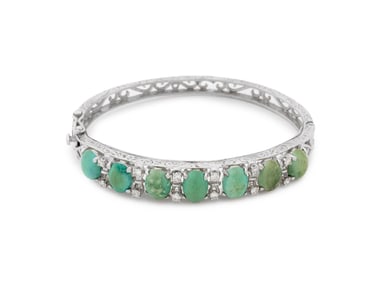 14K White Gold Turquoise Diamond Bangle
