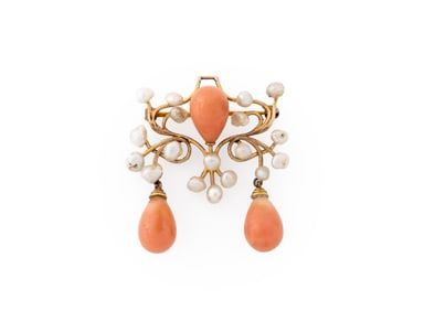 14K Yellow Gold Coral Pearl Brooch