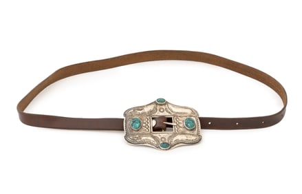Navajo Dine Turquoise Mounted Silver Belt Buckle
