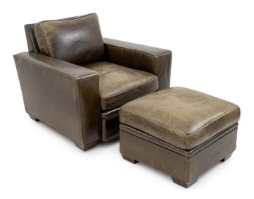 Art Deco Style Green Leather Club Chair & Ottoman