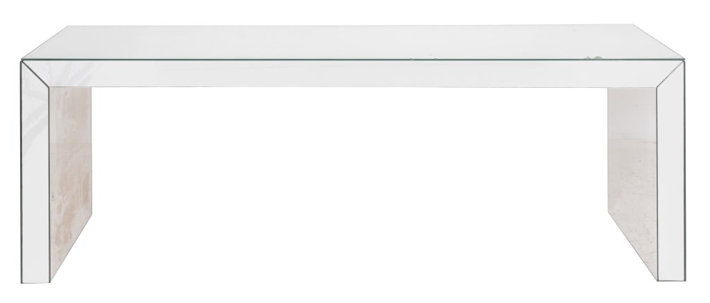 Karl Springer Style Mirror Waterfall Console Table: Karl Springer Style Mirrored Waterfall Console Table, long extended rectangular form, the top, sides, and front veneered in mirror. 28" H x 84.5" W x 15.5" D. Provenance: Property from the Long Island