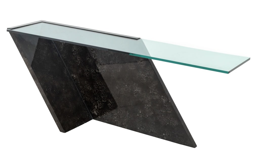 J. Wade Beam Style Glass Top Faux Marble Console: J. Wade Beam Style Cantilevered Glass Top Faux Black Marble Console Table. 29.5" H x 73" W x 16" D. Provenance: From a Fifth Avenue Collection. Keywords: Modern Furniture, Accent table, Sofa table, MC