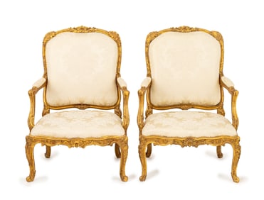 Louis XV Upholstered Giltwood Fauteuil, Pair