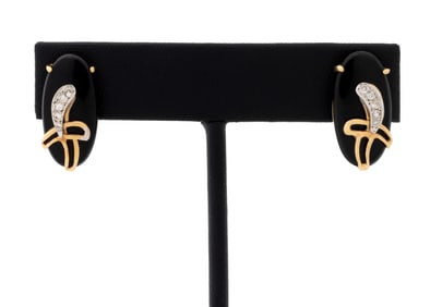 14K Yellow Gold Onyx Diamond Earrings