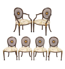 Louis XVI Style Gilt Silk Upholstered Chairs, 6