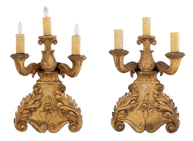 Baroque Style Giltwood Candelabra Sconces, Pair