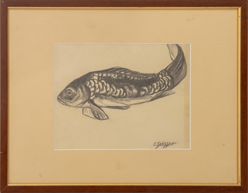 Gaston Suisse "Carpes Coeur" Crayon on Paper: Gaston Suisse (French, 1896-1988), "Carpes Coeur" [Carp Heart], Oil Crayon on Paper, signed lower right, titled to verso, wood frame. Image: 9.5" H x 12" W; frame: 17.25" H x 22" W. Provenance: From a