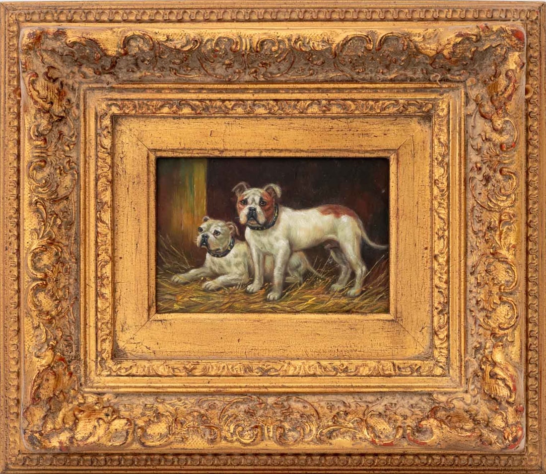 Illegibly Signed Two Bulldogs Oil on Panel (1 of 7)