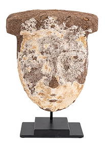 Egyptian Painted Sarcophagus Mask: Egyptian Painted Sarcophagus Mask, gesso over wood composite, mounted on metal base. Overall: 11" H x 7.5" W x 3.75" D. Provenance: From a Fifth Avenue Collection. Keywords: Sculpture, Statue, Masque,