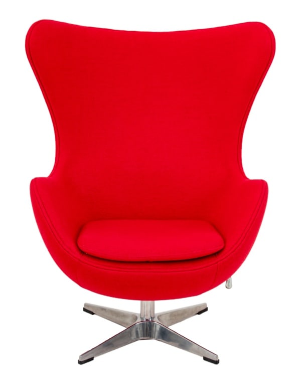 Arne Jacobsen Style Egg Chair: Arne Jacobsen Style Egg Chair, with red upholstery. 43" H x 40" W x 34" D; seat: 17" H. Provenance: From the Park Avenue Estate of Designer Neal Small. Keywords: Designer, Modern Furniture, Upholstere