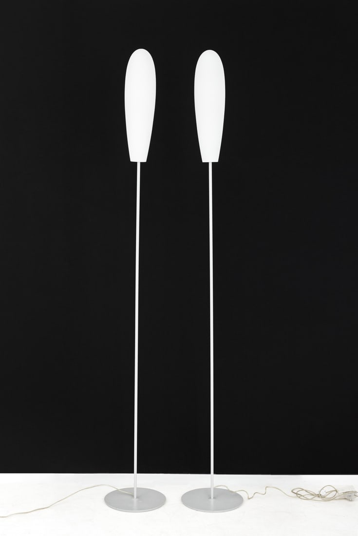 Itre Firme di Vetro Murano Glass Floor Lamps, Pair: Pair of Itre Firme di Vetro Murano Glass Floor Lamps, with "Made in Italy" labels to frosted white glass shades. 78.5" H x 11" Diameter. Provenance: From a Vintage Collection of Italian Designer Furni