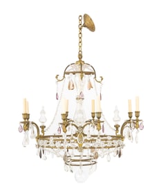 French Gilt Bronze Crystal Drop Pendant Chandelier