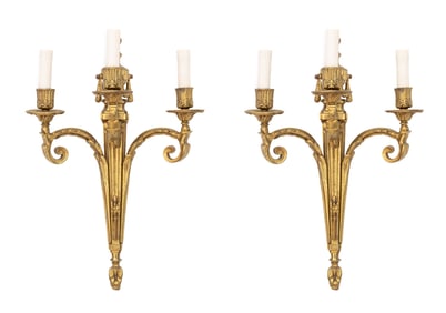 Louis XVI Style Gilt Bronze Three Light Sconces, 2