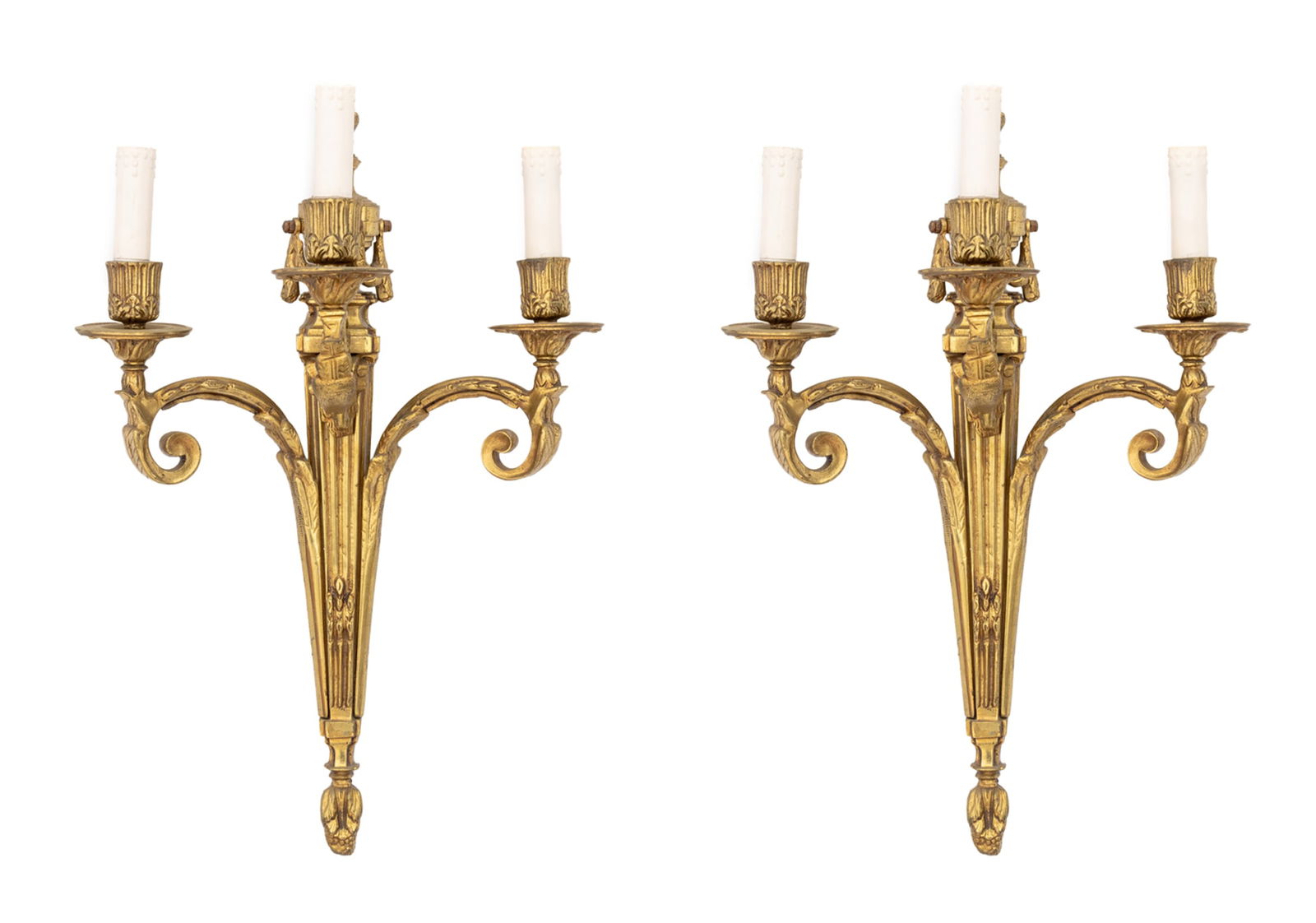 Louis XVI Style Gilt Bronze Three Light Sconces, 2 (1 of 8)