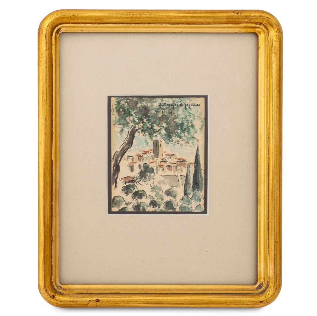 Andre Dunoyer de Segonzac Landscape Watercolor: Andre Dunoyer de Segonzac (French, 1884-1974), City Landscape Scene, Watercolor on Paper, signed upper right, giltwood frame. Image: 4.25" H x 3.5" W; frame: 11.25" H x 9.25" W x 1" D. Provenance: Fro