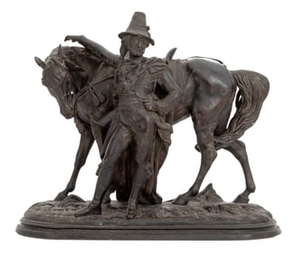 French Cavalier & Mount Patinated Metal Sculpture