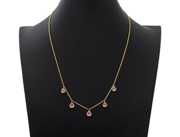 14K Yellow Gold Pink Topaz Station Necklace