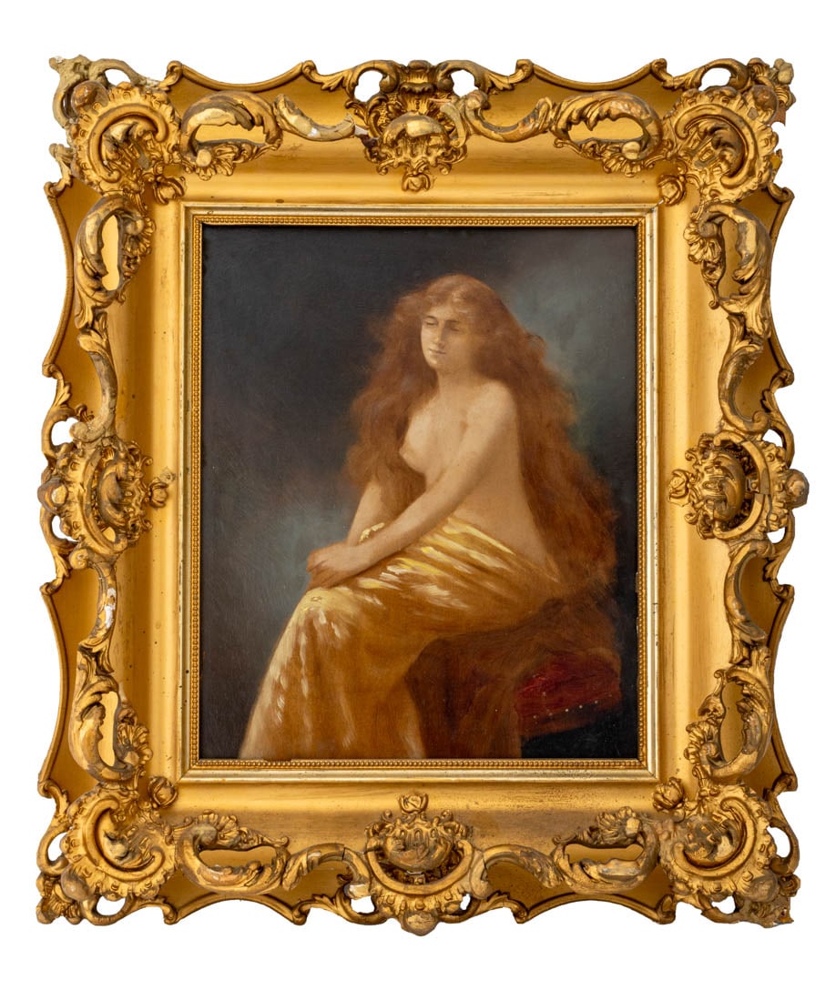 After Angelo Asti "Solitude" Oil on Board: After Angelo Asti (French, 1847-1903), "Solitude", Oil on Board, depicting a seated draped female figure, unsigned, gilt composition frame. Image: 10.5" H x 8.75" W; frame: 16.75" H x 14.5" W. Keyword