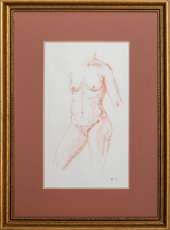 Signed Female Nude Torso Conte Crayon on Paper: Female Nude Torso, Red Conte Crayon on Paper, initialed "E. T." lower right, giltwood frame. Image: 11.5" H x 6.5" W; frame: 18" H x 13" W. Provenance: Property from an estate at 180 East End Avenue.