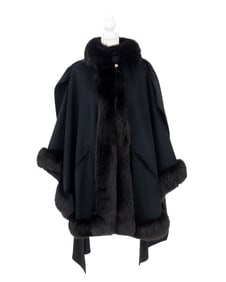 Revillion Black Wool and Fur Trim Cape