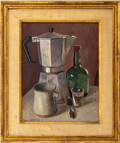 Eli Levin Coffee & Brandy Still Life Oil on Panel: Eli Levin (American, b. 1938), Coffee and Brandy Still Life Scene, Oil on Panel, 1981, signed and dated lower left, giltwood frame. Image: 13.25" H x 10.25" W; frame: 19.75" H x 15.75" W. Provenance: