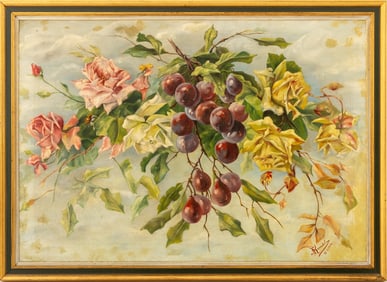 English School Plums & Roses Oil on Panel, 1914